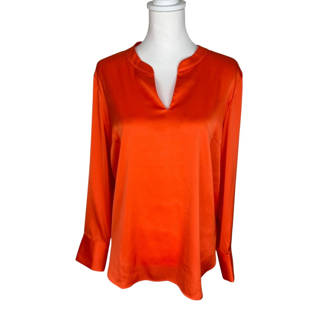 Talbots Orange Satin Charmeuse Split Neck Blouse Long Sleeve Top Size XL Petite